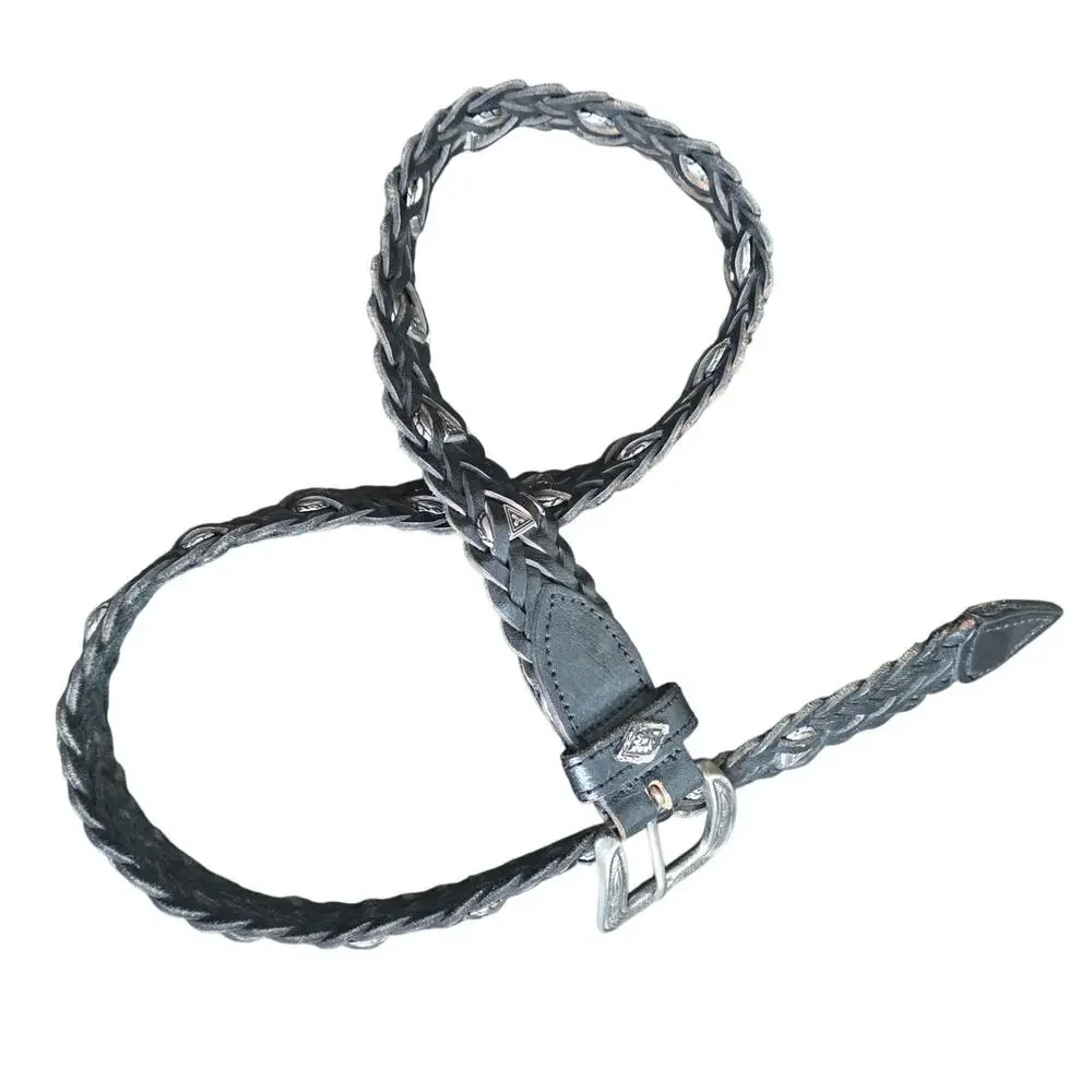 Vintage Unbranded Black Braided Concho Leather Belt sz Medium Retro Boho Western